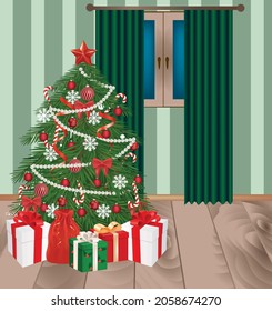 Árbol de Navidad decorado con caja de regalo, vector
