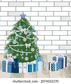 Christmas tree decorated with gift box, vector