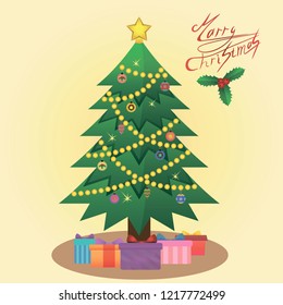 Christmas tree decorated with gift boxes, star, lights and decoration balls. Merry Christmas and a happy new year. Flat style vector illustration.