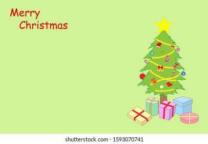 Christmas Tree decorated with gift boxes merry christmas text on green background vector illustration
