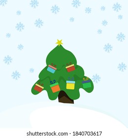 Árbol de Navidad y decorado con cajas de regalo En la nieve, Navidad e ideas de invierno