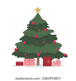 Christmas Tree Decorated with gift boxes, star, lights, Decoration balls and lamps. Merry Christmas and a happy new year. Flat style Holiday Vector illustration.