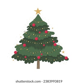 Christmas Tree Decorated with gift boxes, star, lights, Decoration balls and lamps. Merry Christmas and a happy new year. Flat style Holiday Vector illustration.