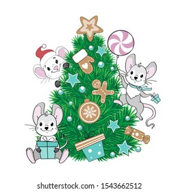 Christmas tree decorated with gingerbread cookies and Christmas decorations and rat mouse 2020 symbol on a white background. Christmas and New Year card