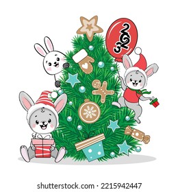 Christmas tree decorated with gingerbread cookies and Christmas decorations and bunny rabbit 2023 symbol on a white background. Christmas and New Year card