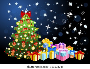 christmas tree decorated with gingerbread and ribbons, with pile of colorful gifts - vector illustration