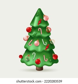 Christmas tree, decorated glass balls, and candies. Vector illustration in cartoon 3D style