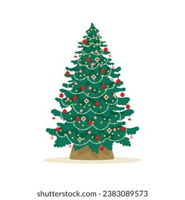 Christmas tree decorated with glass balls and garlands. Merry Christmas and Happy New Year concept. Flat style vector illustration