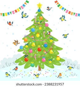 Christmas tree decorated with glass balls, golden stars, candies, colored beads in winter meadow. Fifteen funny birds around. In cartoon style. Isolated on white background. Vector flat illustration.