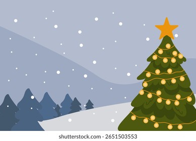 Christmas tree decorated with glowing lights and a star topper, standing outdoors in a snowy winter landscape with pine trees in the background. for seasonal banners, greeting cards, winter designs.