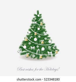 Christmas tree decorated in gold and white colors. Traditional. Realistic.