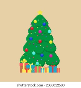 Christmas tree decorated with golden garlands and New Year's toys. Christmas tree. gifts under the tree.