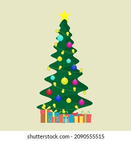 Christmas tree decorated with golden garlands and New Year's toys. Christmas tree. gifts under the tree.