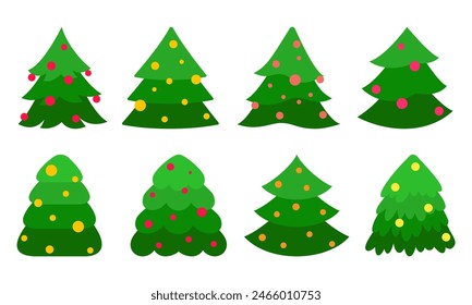 Christmas tree decorated green flat cartoon icon set. Winter symbol, merry xmas and happy new year holiday card design element. Stylized abstract fir, pine, traditional party celebration sign