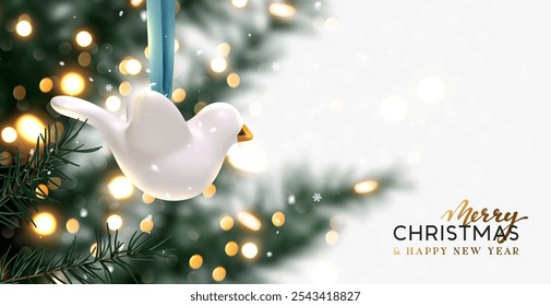 Árvore de Natal decorada pendurada em fita cerâmica brinquedo pássaros bonitos mergulham projeto de feriado 3D realista. Ano Novo e Natal fundo festivo com árvore de Natal em luz de bokeh borrão. Ilustração vetorial