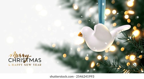 Christmas tree decorated hanging on ribbon ceramic toy cute birds dove realistic 3d holiday design. New Year and Christmas festive background with Xmas tree in light of blur bokeh. Vector illustration