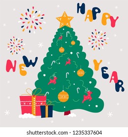 Christmas tree decorated. Happy New year text