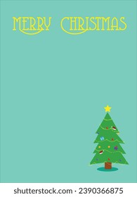 Christmas tree decorated illustration. Decoration balls and light bulb chain, gift boxes in colorful cartoon flat style. Merry Christmas and a happy New Year design for greeting cards.