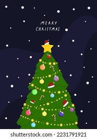 Christmas tree decorated with lights and ornaments on dark background with falling snow. Concept of Christmas festival. Illustration for greeting card. Flat vector illustration.