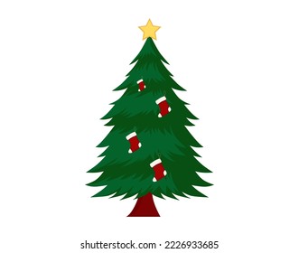 Christmas tree, decorated with lights and Santa Claus socks and stars, vector illustration, banner decoration, flyer, greeting