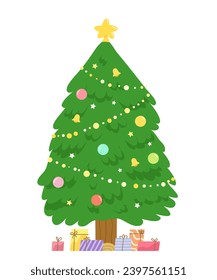 Christmas tree decorated with lights string and ornaments and gifts on ground. Concept of decoration, celebration, Christmas festival. Merry X'mas on December. Flat vector illustration.