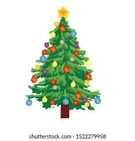 Christmas tree decorated with multicolored balls. Vector illustration  isolated on white background.