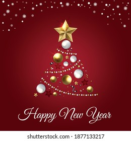 Christmas tree decorated with New Years, shining toys on a red background. Template for postcard, poster, invitation or banner.