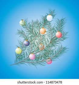 Christmas tree decorated on blue background with Christmas toys in the branch, New Year, vector