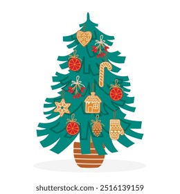 Árbol de Navidad decorado con adornos orgánicos. Pan de jengibre, piezas de naranja secas, ramitas de bayas rojas. Conjunto de joyas hechas a mano. Diseño de Vector para uso en tarjeta, Anuncio, invitación. Ilustración en color plano.