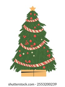 Christmas tree decorated with ornaments and garland features a star on top and a gift beneath in festive colors on a white background