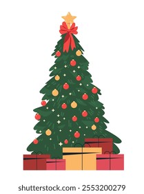 Christmas tree decorated with ornaments gifts. Festive holiday scene with red and gold baubles star topper presents on white background