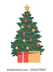 Christmas tree decorated with ornaments gifts beneath festive holiday design with star baubles and wrapped presents on white background