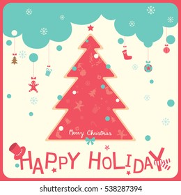 Christmas tree decorated with ornaments for Christmas happy holiday card red border.
