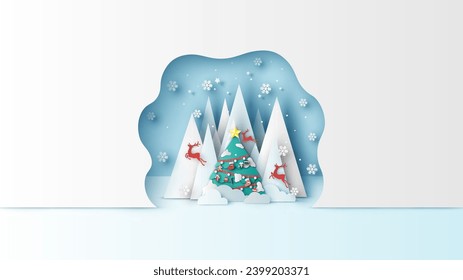 Christmas tree decorated with Christmas ornaments and reindeer flying to sky. Merry Christmas, Happy new year. paper cut and craft style. vector, illustration.