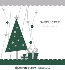 Christmas tree, decorated with ornaments and a stars, and packaged gifts underneath.