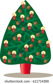 Christmas tree decorated with pine cones and candles.