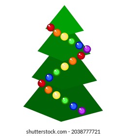 Árbol de Navidad decorado con bolas de arco iris aisladas en un fondo blanco.Ilustración vectorial de Navidad.