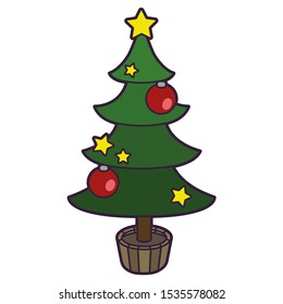 Christmas tree decorated with red balls and stars
