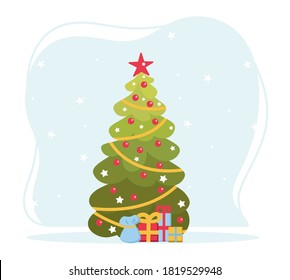 Christmas tree decorated with red balls, bright lights and stars on the isolate background. Lots of gift boxes. Spruce, evergreen tree. New year 2022. Flat vector illustration