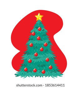 árbol de navidad decorado con bolas rojas y dibujos animados de estrellas amarillas. ilustración vectorial