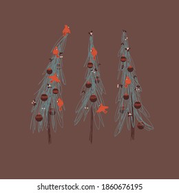 
The Christmas  tree is decorated with red balls, berries and birds. Red cardinal. Modern New Year's design. Winter trees.