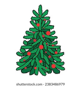 Christmas tree decorated with red balls. Design element of postcards, banners and sticker.