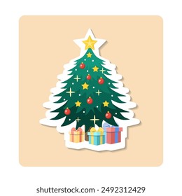 Christmas tree decorated with red balls and golden stars standing near gift boxes