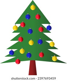 Árbol de Navidad decorado con baubles de Navidad rojos, azules y amarillos contra fondo blanco. Ilustración hecha el 7 de diciembre de 2023, Zurich, Suiza.