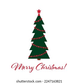 Christmas tree decorated with red garland and a star on the top. Text Merry Christmas.
