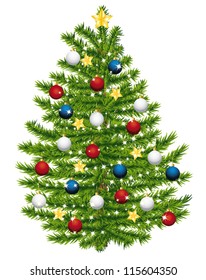 Christmas tree decorated with red, white and blue ornaments. Vector illustration.