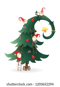 Christmas tree decorated with Scandinavian Gnomes who climb all over tree - transparent background