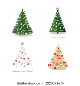 Christmas tree decorated set. Realistic, golden and simple paper cut out.