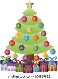 Christmas Tree Decorated with Snowflake Ornaments and Gift Wrapped Presents Illustration