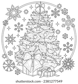 
The Christmas tree is decorated and snowflakes.Coloring book antistress for children and adults. Illustration isolated on white background.Zen-tangle style. Hand draw